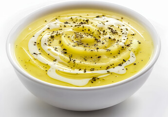 Kremowa zupa ziemniaczana z pieprzem i śmietaną w białej misce – domowe danie w stylu comfort food.