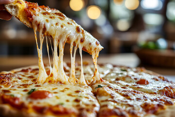Pizza slice with melted cheese being lifted.