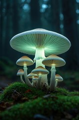 A mesmerizing close-up captures a cluster of luminous fungi, emanating an ethereal green light from their intricate gills and caps, softly illuminating the lush forest floor. Resting upon vibrant gree