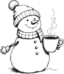 Cute Snowman Holding Hot Cocoa Cup Wearing Winter Hat and Scarf Festive Holiday Illustration