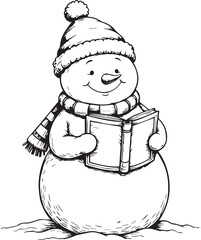 Smiling Snowman Reading a Book in Winter Scarf and Hat Black and White Christmas Illustration