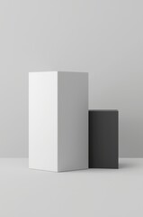 A pristine, minimalist composition features two geometric blocks, a tall white rectangular prism and a shorter dark gray one, set against a smooth light gray background. This clean and elegant arrange