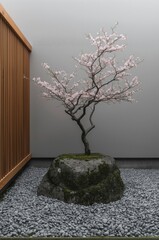 A tranquil and minimalist garden scene features a delicate tree adorned with soft pink blossoms, gracefully emerging from a large, moss-covered rock. The ancient, gnarled trunk contrasts with the ephe