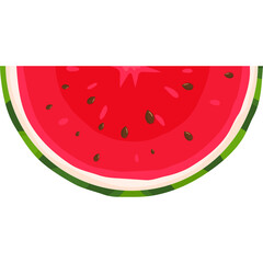 Close up of a refreshing slice of ripe red watermelon with dark seeds on a bright sunny day illustration