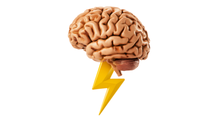 Realistic human brain with a bright yellow lightning bolt striking downwards representing a powerful idea or sudden inspiration isolated on transparent background