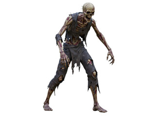 Isolated zombie with scary skeleton face and tattered clothing looking for something to eat