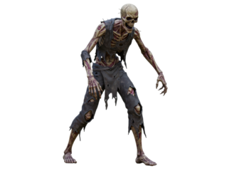 Isolated zombie with scary skeleton face and tattered clothing looking for something to eat