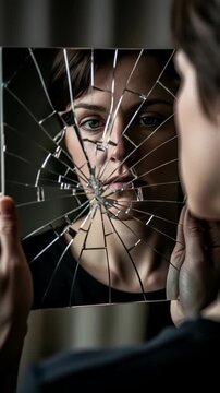 Young woman stands before cracked mirror, the complexities of mental health and depression, emphasizing the emotional weight of self-image and inner turmoil	