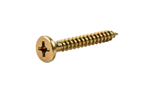 Isolated golden-colored screw with Philips head, construction hardware fastener close-up