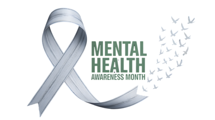 Silver awareness ribbon symbolizing mental health awareness and support with text and fading birds representing hope and recovery isolated on transparent background