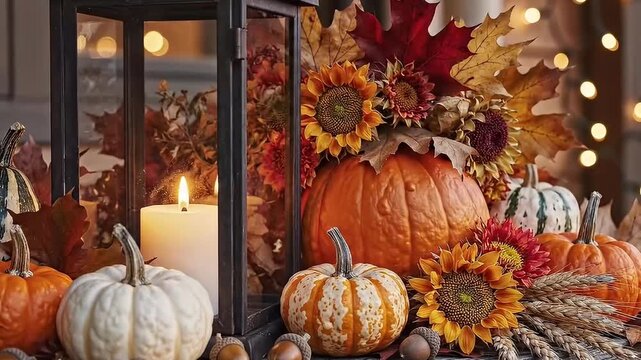 A beautiful and cozy autumnal still life arrangement featuring a variety of colorful pumpkins and gourds, interspersed with vibrant fall leaves in shades of red, orange, and brown. A glowing candle in