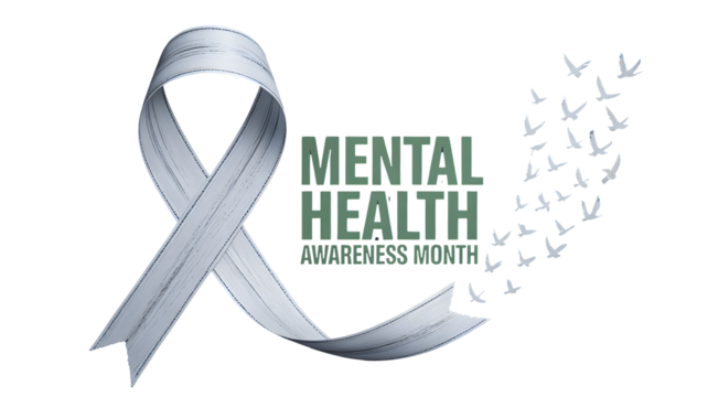 Silver awareness ribbon symbolizing mental health awareness and support with text and fading birds representing hope and recovery isolated on transparent background