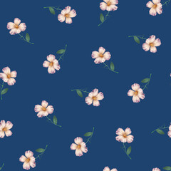Lovely seamless floral pattern with pink flowers on a deep blue background for elegant design