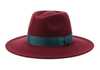 Isolated maroon felt hat with green band, accessory, stylish headgear for events, fashion