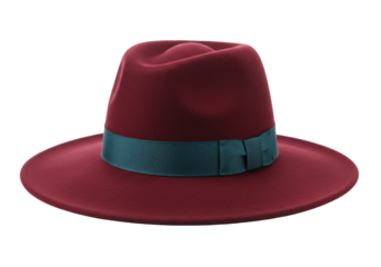 Isolated maroon felt hat with green band, accessory, stylish headgear for events, fashion