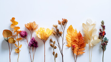 白い背景に整列した 美しい秋色のドライフラワーと乾燥植物
