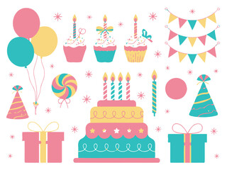 A collection of birthday party decorations and treats.