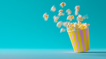 活気あるターコイズブルーの背景に弾ける ポップコーンとカラフルなストライプカップ