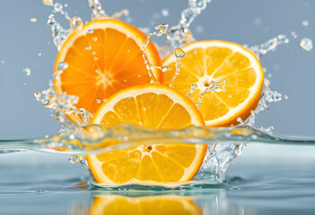 Fresh Orange Slices Splashing into Water on Blue Background