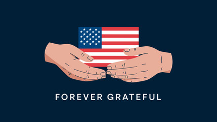 Hands holding American flag with “Forever Grateful” text on dark background