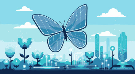 Digital Butterfly with Circuit Board Wings Flying in a Futuristic Landscape.