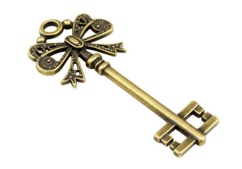 Isolated antique key, ornate bow design, vintage metallic key, old-fashioned, elegant