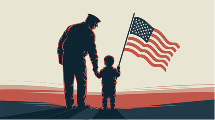 Elderly soldier and child holding hands with American flag against vintage background for Veterans Day