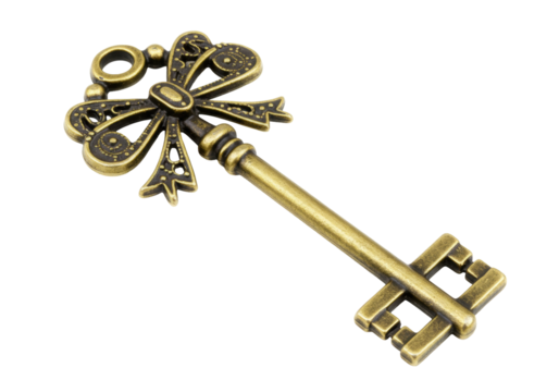 Isolated antique key, ornate bow design, vintage metallic key, old-fashioned, elegant