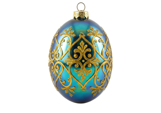Isolated blue Christmas ball ornament, ornate gold trim, vintage style, festive design