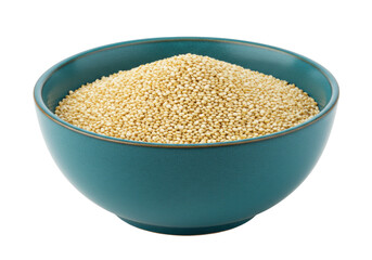Isolated teal ceramic bowl filled to the brim with healthful, natural golden quinoa seeds
