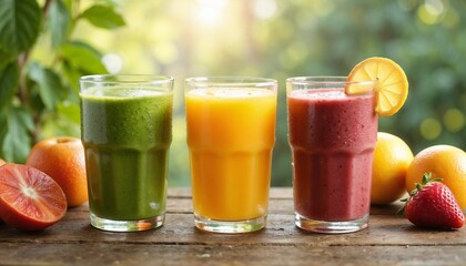Fototapeta premium Fresh fruit smoothies in glass cups on wooden table outdoors 
