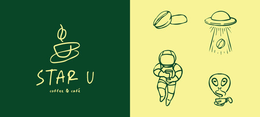 Logo and illustration set for coffee and cafe drink company with outer space galaxy concept modern minimalist fun design style, for element printing, shop, content, poster, and web. SU initial