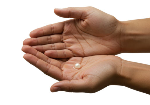 Isolated pearl in open hands symbolizing wealth, preciousness, purity, and generosity