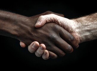 Fototapeta premium Dynamic handshake between black and white hands symbolizing unity, cooperation, and agreement, perfect for business and social harmony concepts