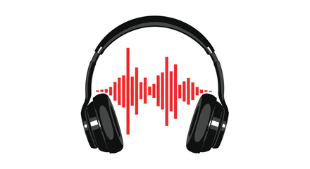 Headphones display a red audio waveform on a white background.