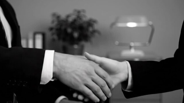 Two figures in suits shake hands, captured in grayscale, showcasing a professional agreement