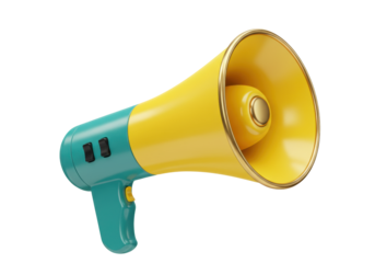 Isolated yellow and teal megaphone, a symbolic icon for announcements and public speaking