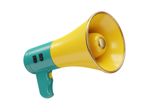 Isolated yellow and teal megaphone, a symbolic icon for announcements and public speaking