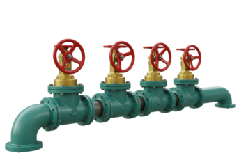 Isolated Green Industrial Pipes with Red Valves in a Row System Water Gas Oil Pressure