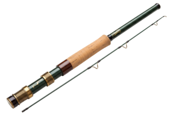 Isolated fly-fishing rod with guide rings, cork grip, and reel seat for angling enjoyment