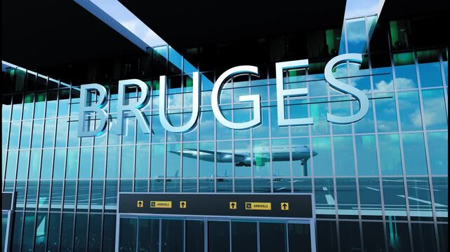 Airlane landing at Bruges. Arrival in the city with reflection of airport and aircraft