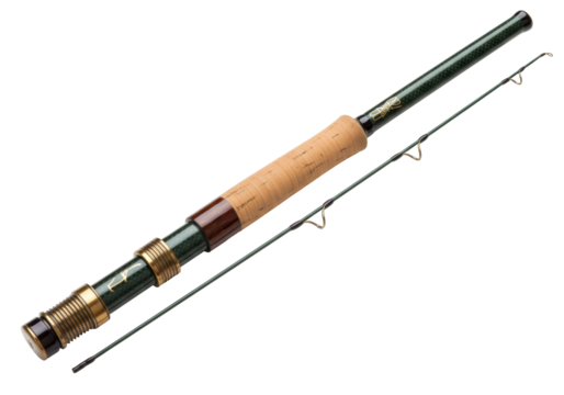 Isolated fly-fishing rod with guide rings, cork grip, and reel seat for angling enjoyment