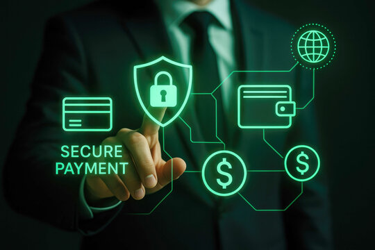 Businessman's Hand Interacts with Secure Payment Digital Interface Featuring Shield Lock Icons and Financial Symbols