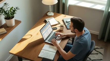 Man working on a laptop at a wooden desk in a home office with natural light - Powered by Adobe