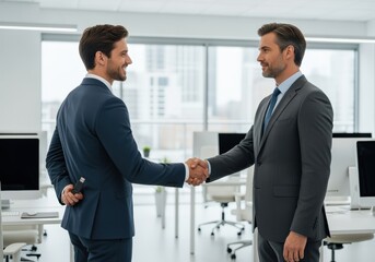 Two businessmen shaking hands in a modern office while one hides a USB drive behind his back. Perfect for illustrating insider threats, data theft, corporate espionage, and cybersecurity awareness.
