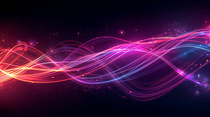 Vibrant neon light trails flow dynamically creating an energetic abstract wave pattern with sparkling particles for futuristic designs