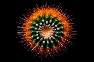 Cactus displays intricate radial symmetry with orange spines against a stark black background.