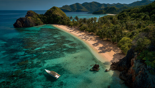 Aerial view of a tropical island paradise with turquoise waters and lush green jungle coastline - Powered by Adobe