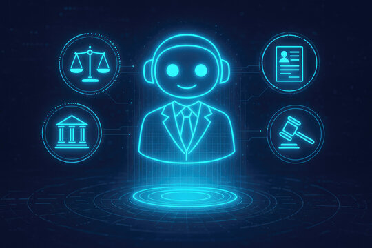 Futuristic Legal Assistant Bot with Law Icons and Digital Circuitry
