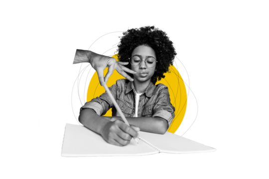 Composite photo collage of serious concentrated american girl write homework notepad parent hand control isolated on painted background